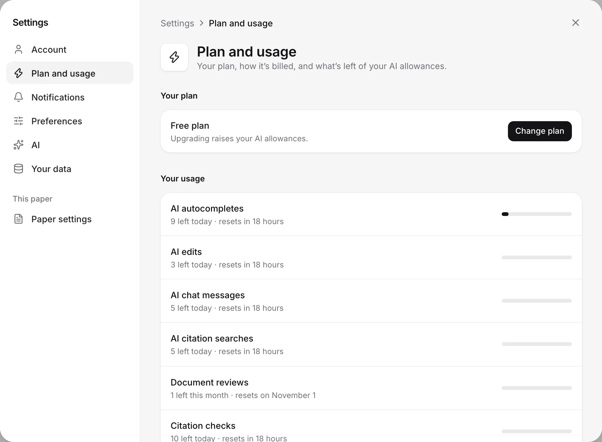 Settings, Plan and usage, showing the Free plan and how many of each AI allowance are left today