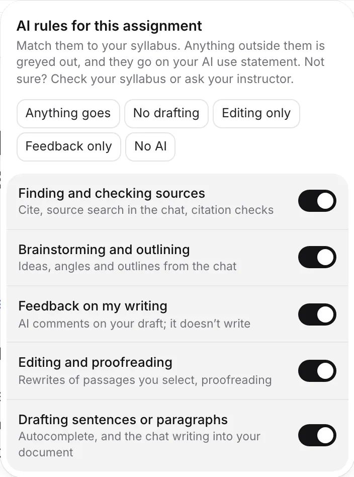 The AI rules for this assignment box with presets and a switch for each kind of AI help