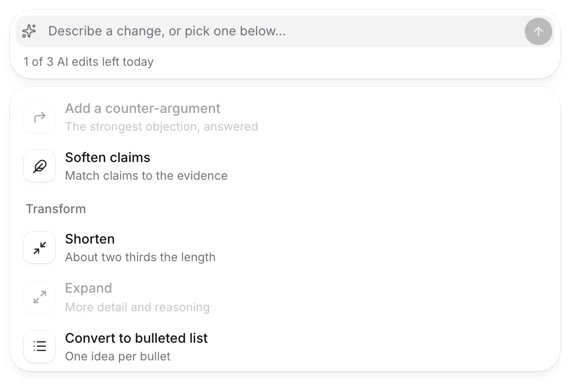 The Rewrite menu with Add a counter-argument and Expand greyed out because drafting is not allowed