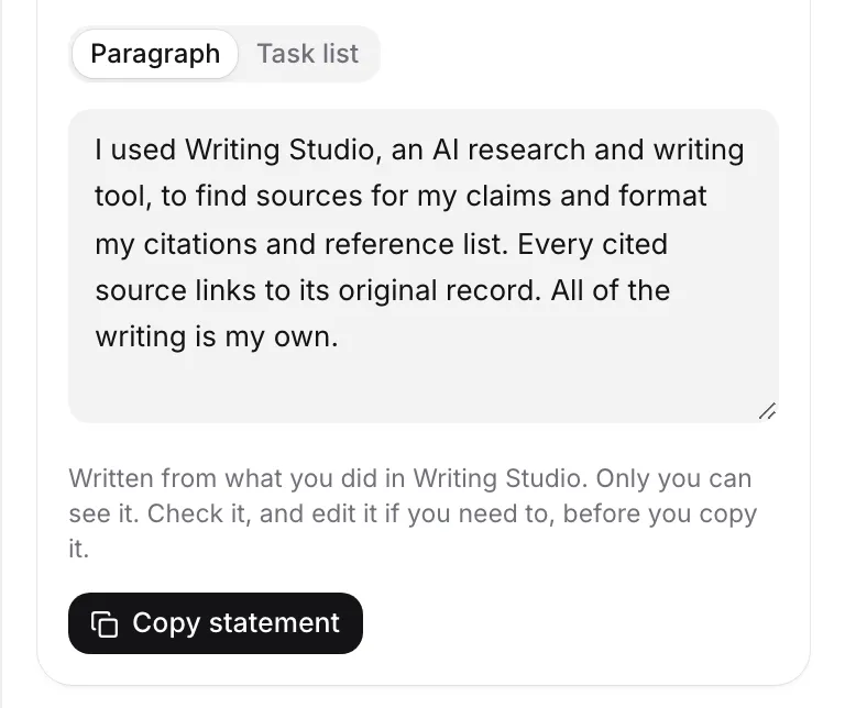 The statement drafted for the sleep paper, with the Paragraph and Task list choice and a Copy statement button