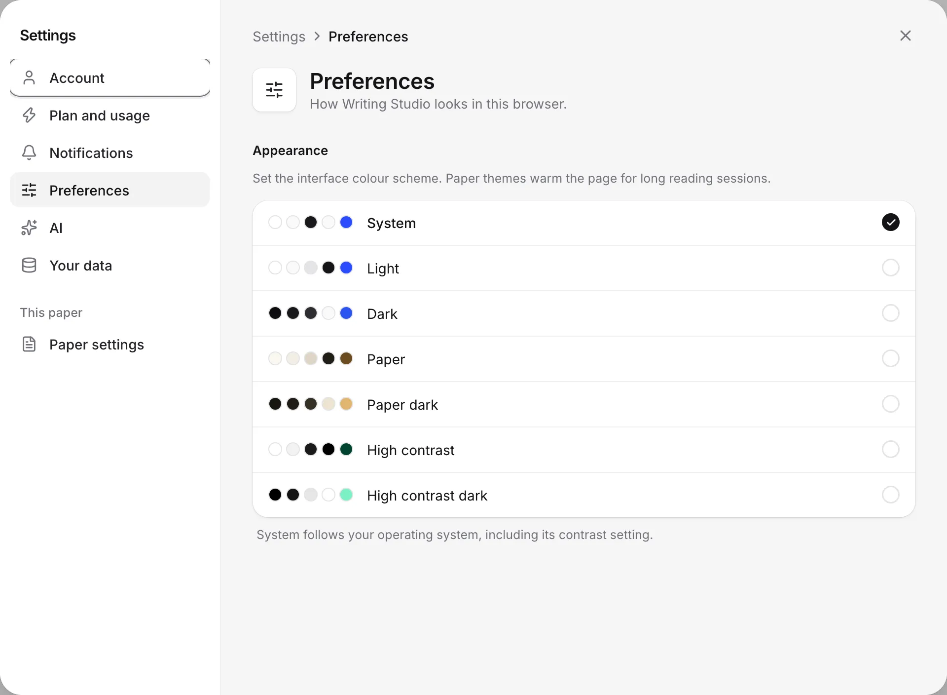 Settings, Preferences, with the seven appearance themes