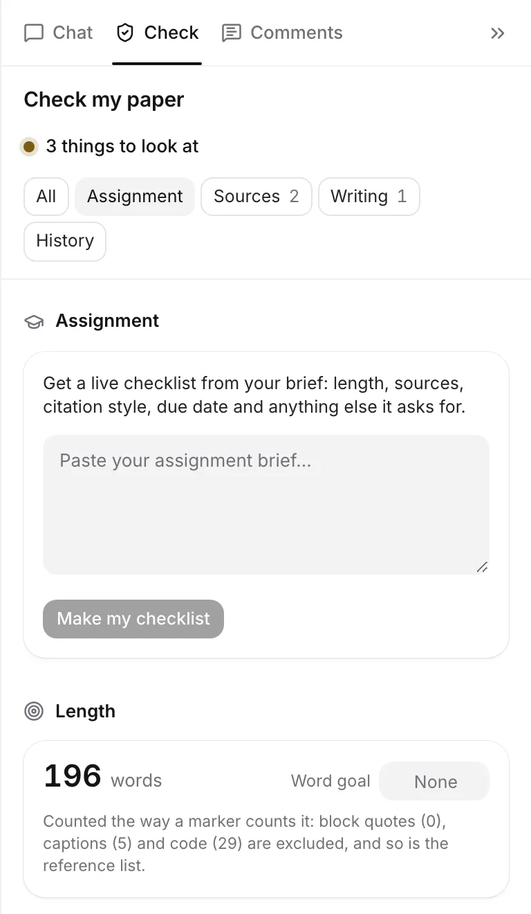 The Assignment view of Check my paper, where an assignment brief becomes a checklist