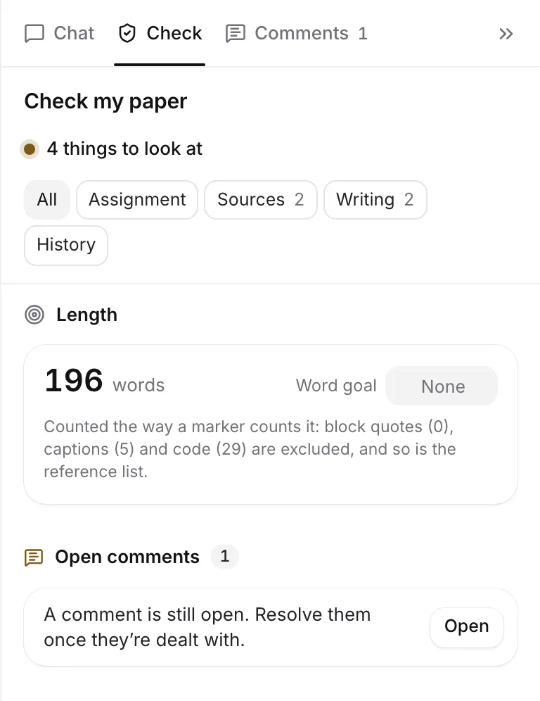 The Check my paper panel, with the summary line and filters and the Length and Open comments sections