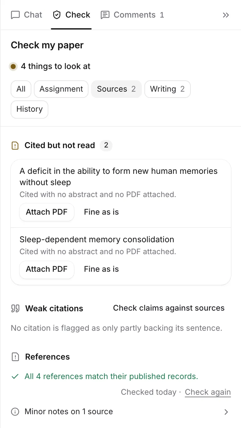 The Sources view of Check my paper, with cited but not read sources and references that match their records