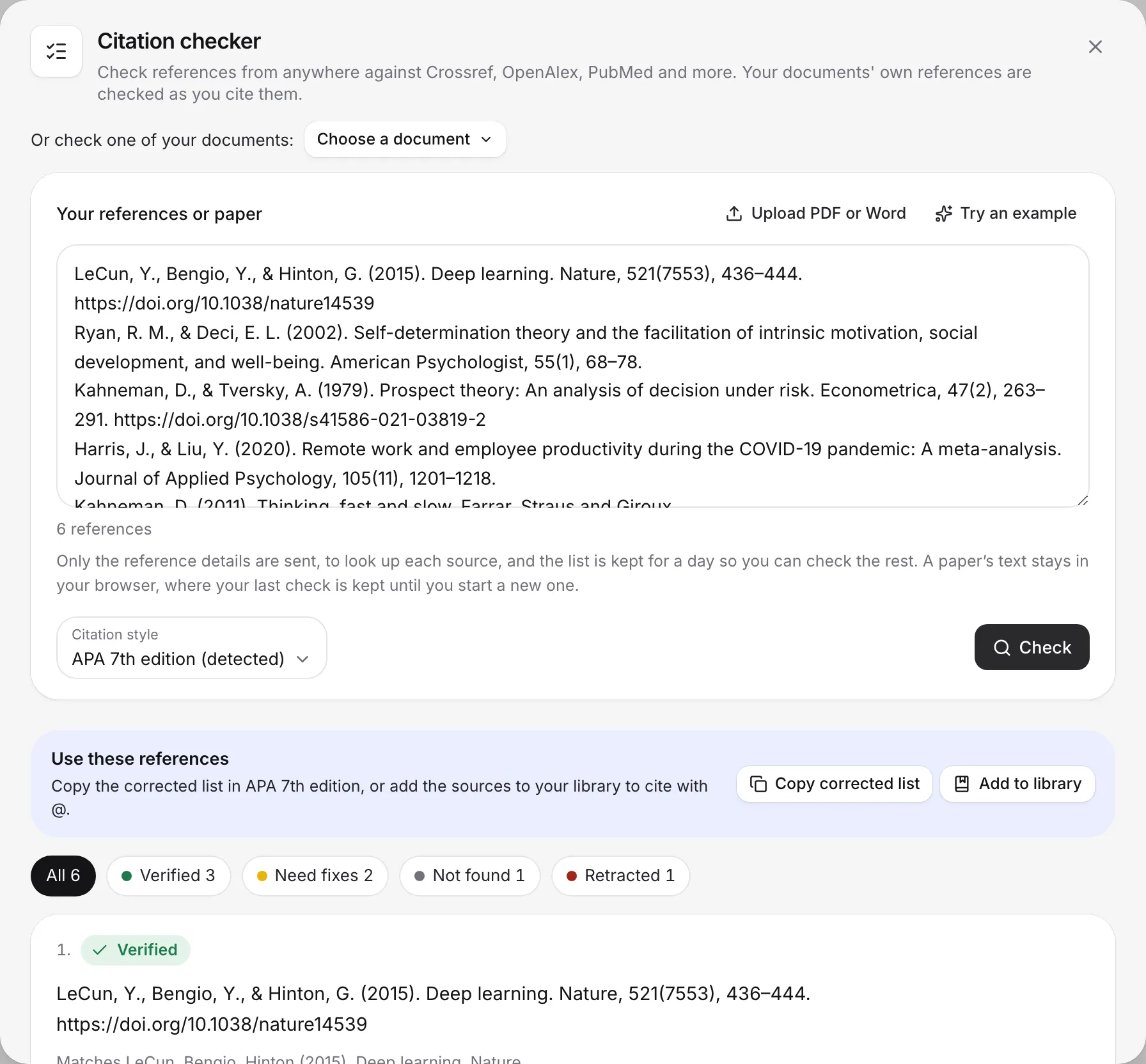 The Citation checker results for an example reference list