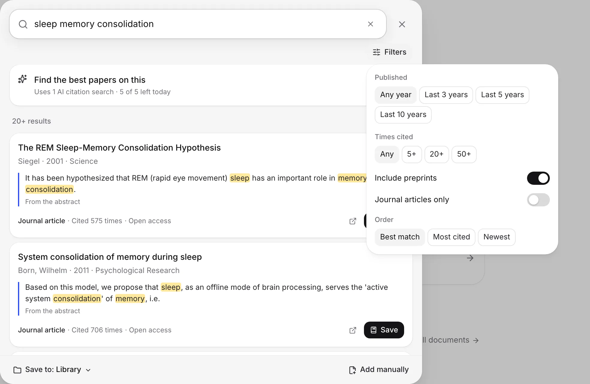 The Citation finder with the Filters menu open, showing Published, Times cited and Order
