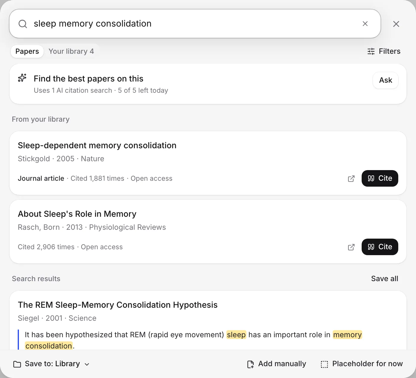 The Citation finder over a paper, showing sources from the library and search results with Cite buttons
