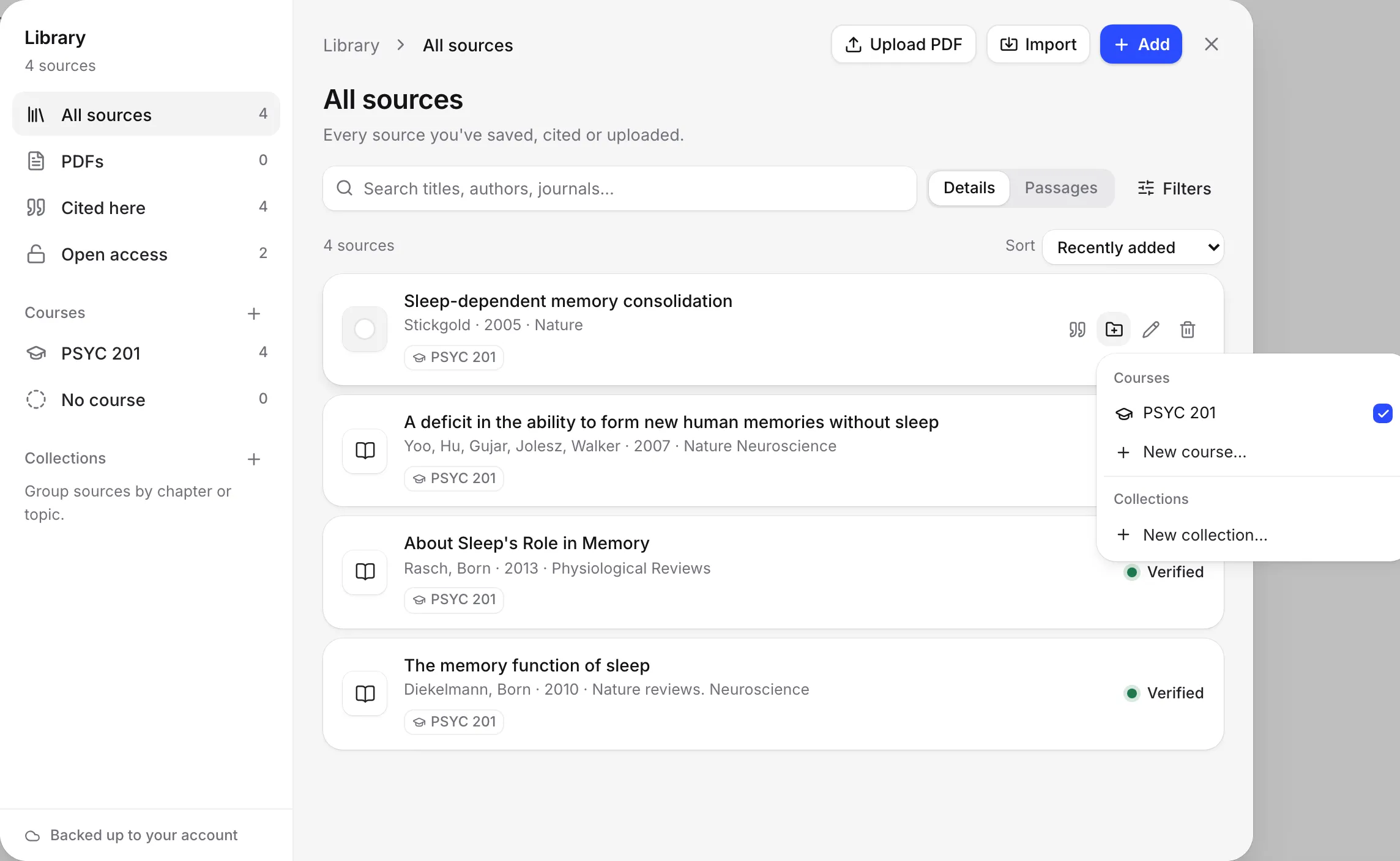The Library with the Add to menu open on a source, offering a new course or collection