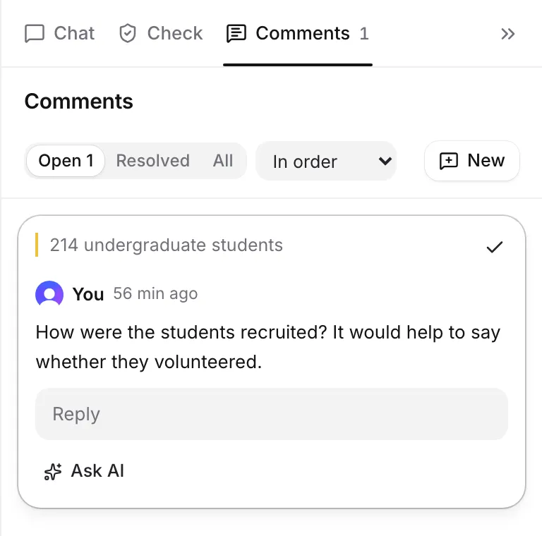The Comments panel with a comment on a highlighted passage, a reply box and a filter for open comments