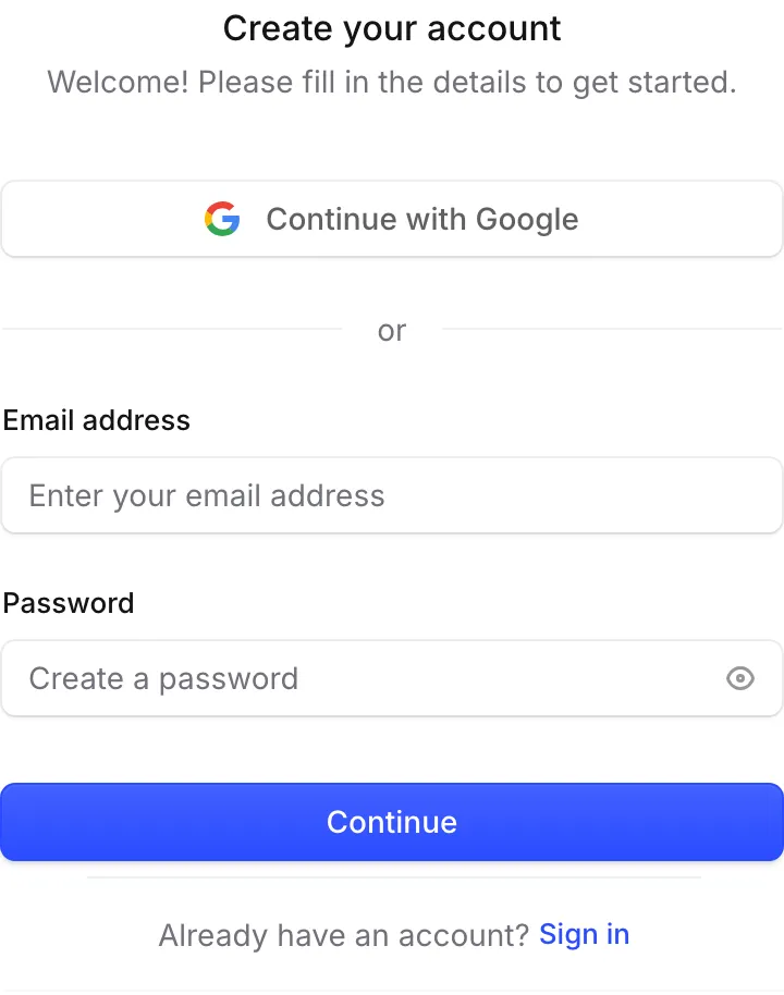 The Create your account form with Continue with Google, email and password