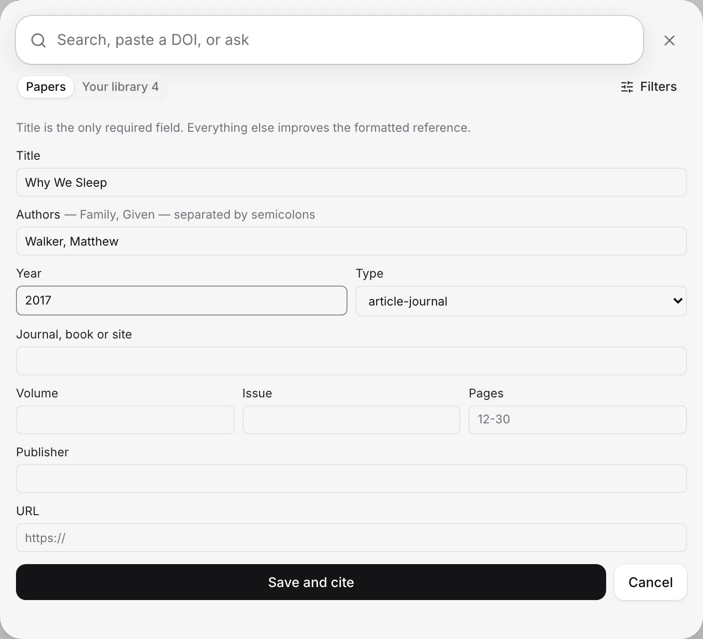 The Add manually form in the Citation finder, partly filled in for a book