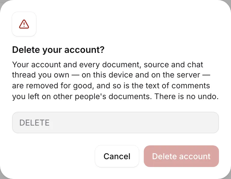 The Delete your account confirmation, which asks you to type DELETE