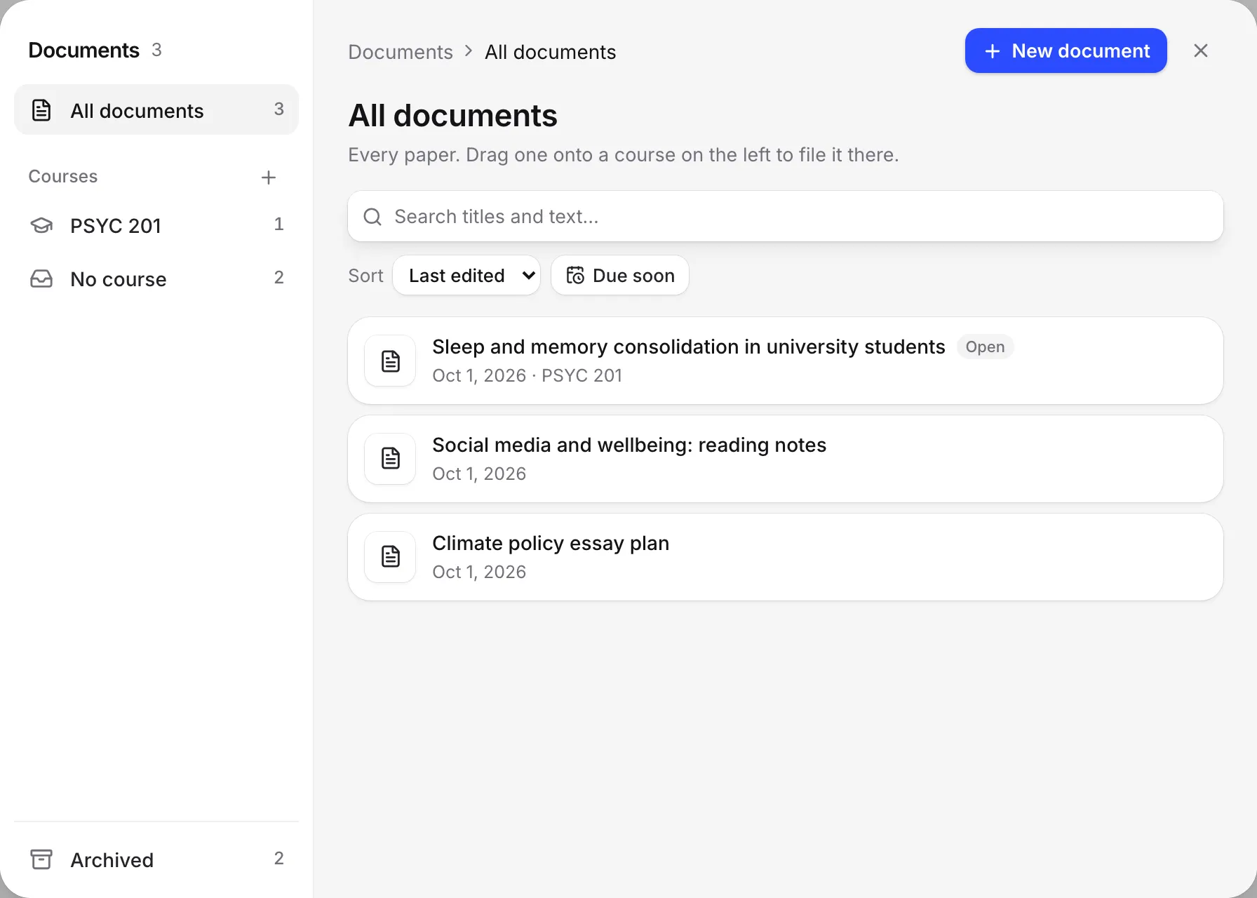 The Documents window with courses on the left and papers on the right