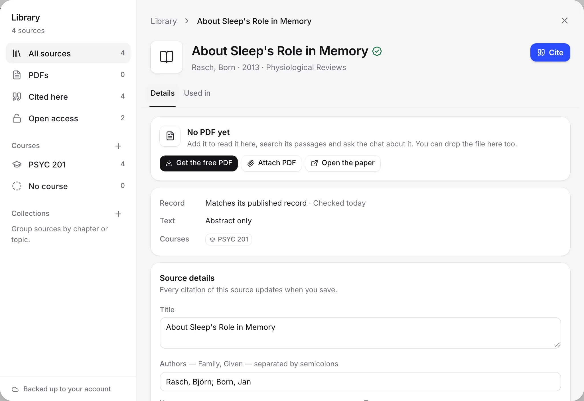 A source in the Library with its Details tab and the Source details form