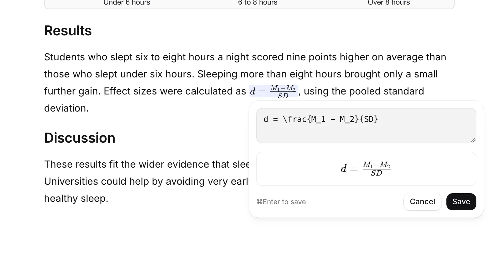 The equation box with the LaTeX for an effect size formula and its preview