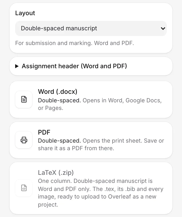 The Export window with the Double-spaced manuscript layout, the Assignment header and the Word, PDF and LaTeX options