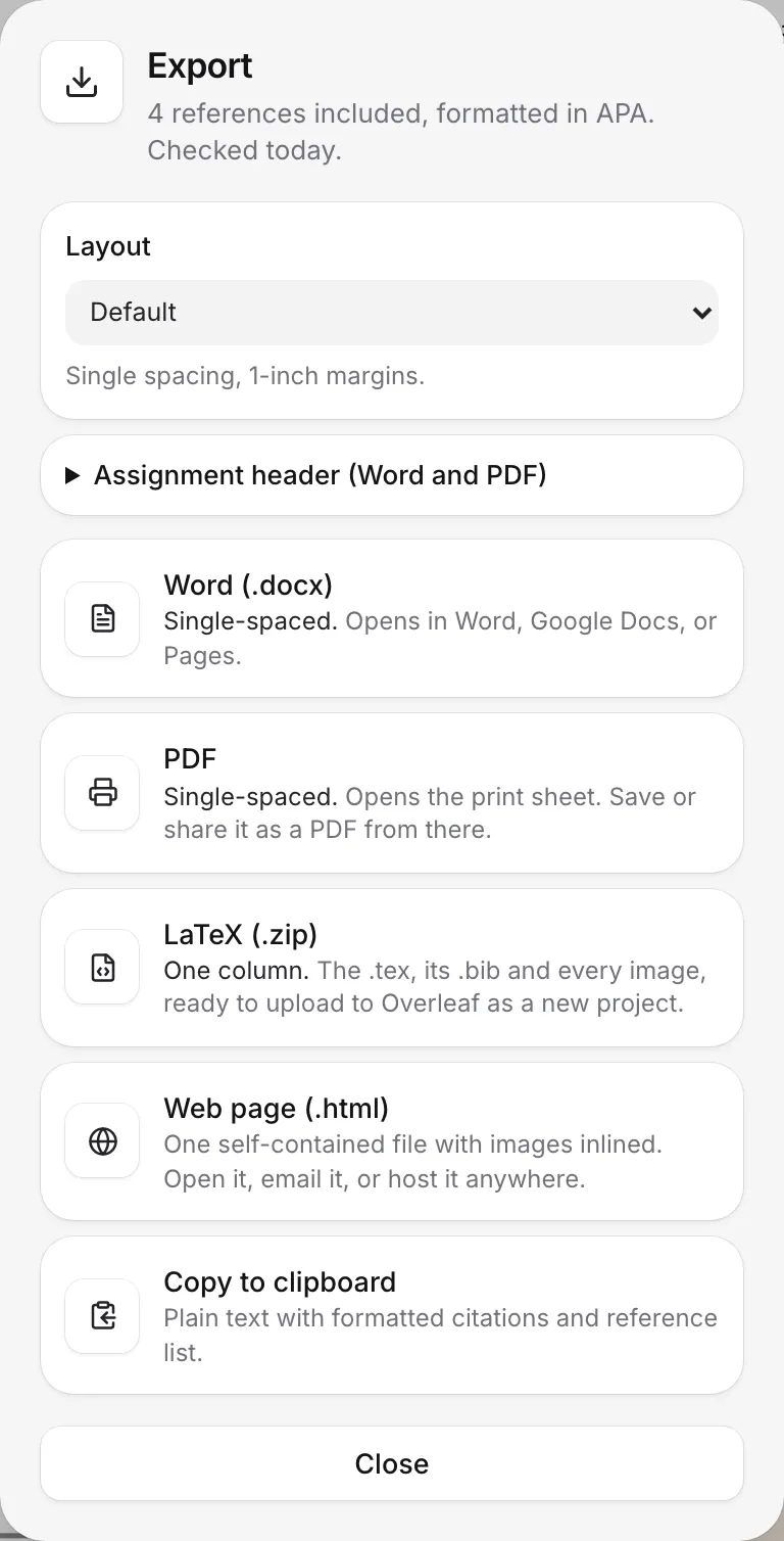 The Export window with Layout, Assignment header and the Word, PDF, LaTeX, web page and clipboard options