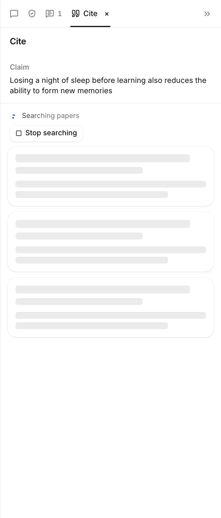 The Cite tab with sources that support a highlighted claim