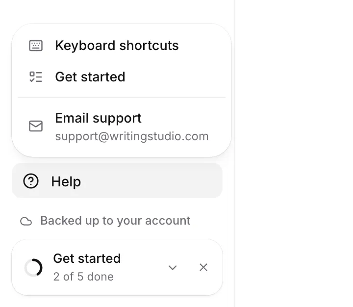 The Help menu with Keyboard shortcuts, Get started and Email support