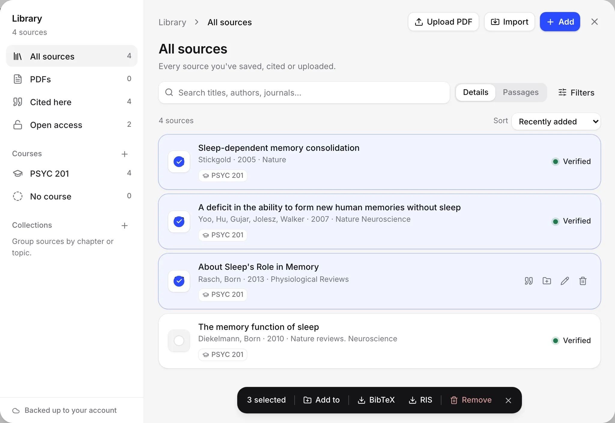 Three sources selected in the Library, with BibTeX and RIS buttons in the bar at the bottom