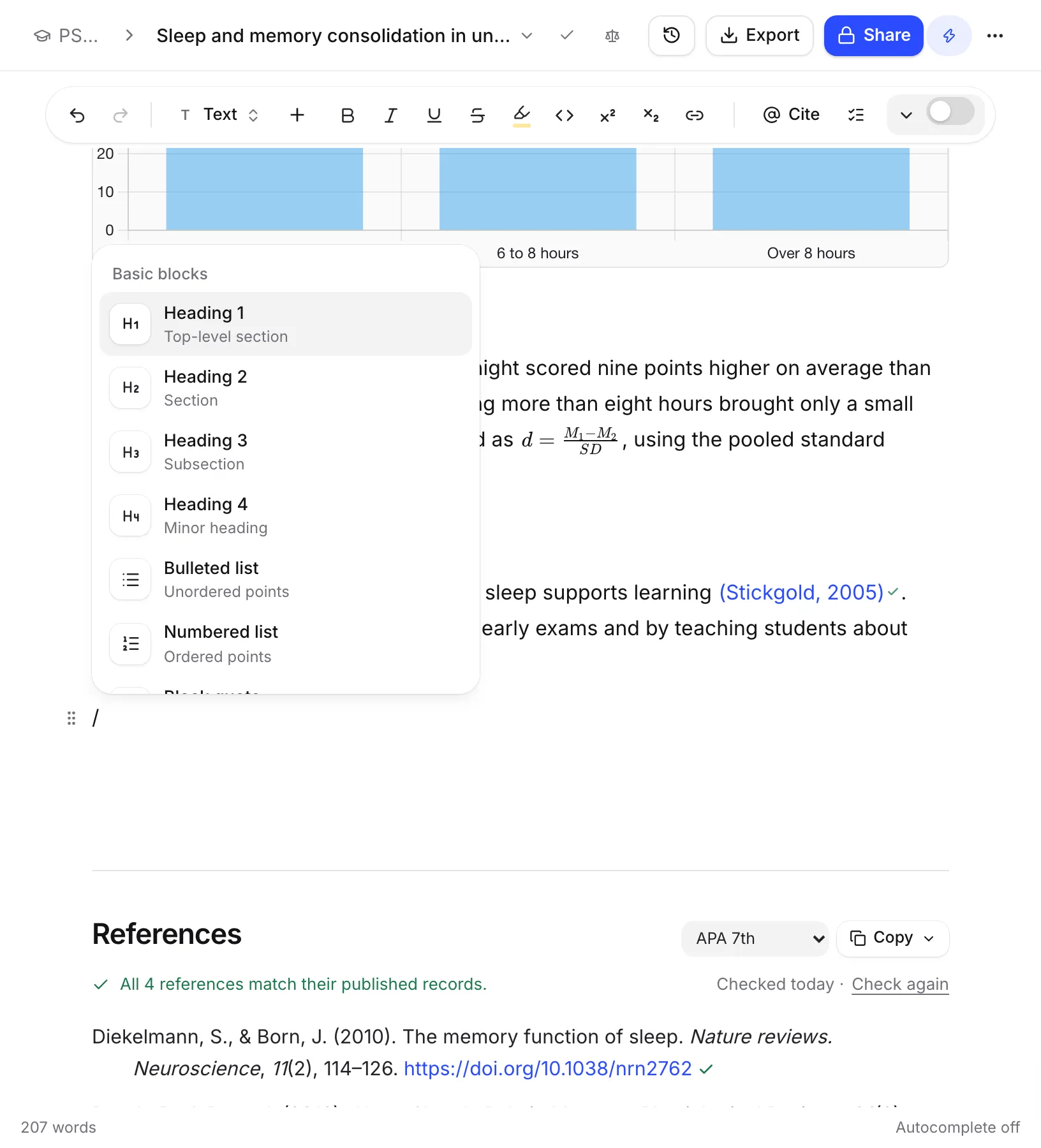 The / menu open on a new line, listing headings and lists