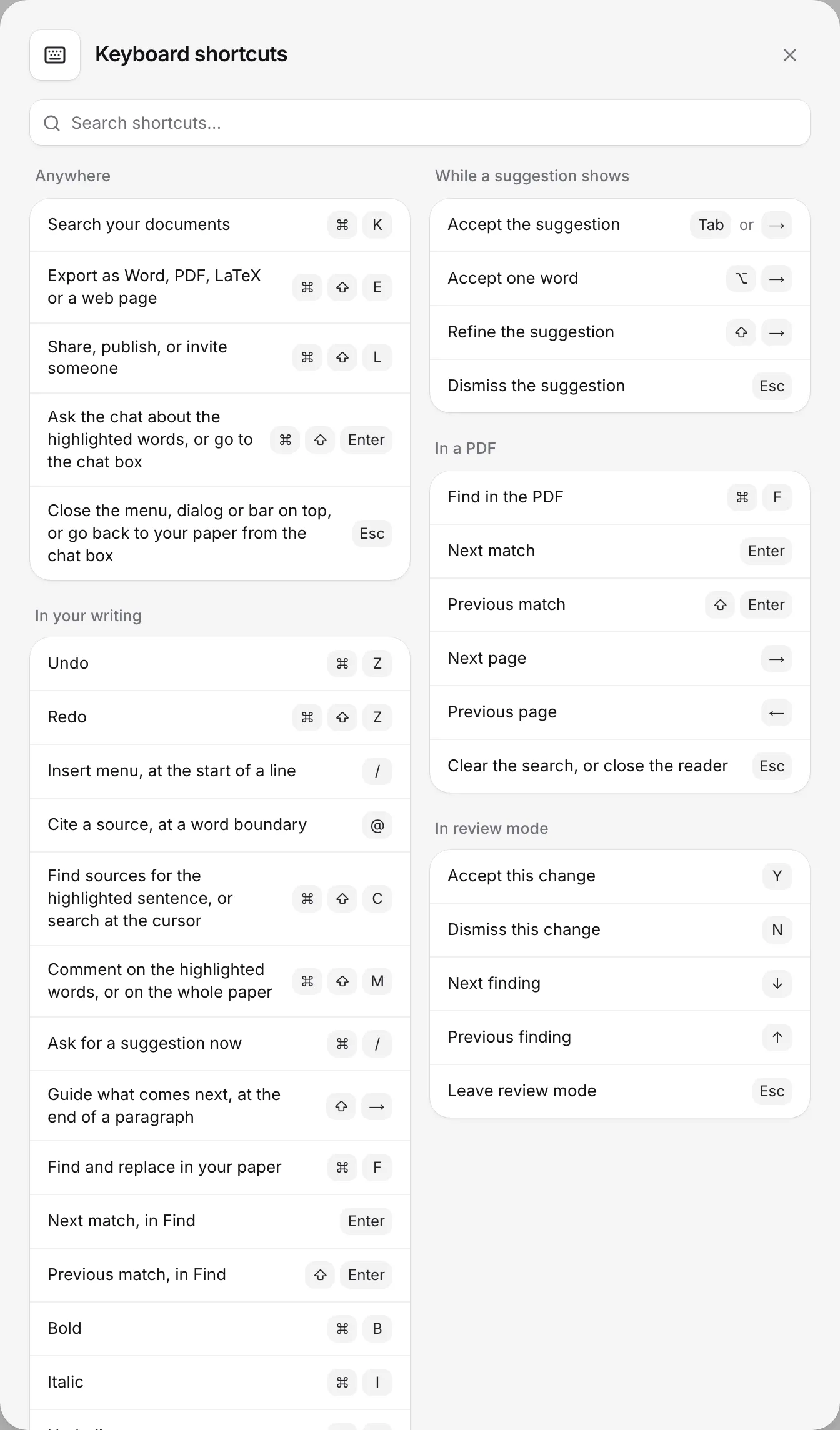 The Keyboard shortcuts window with a search box and shortcuts grouped by where they work