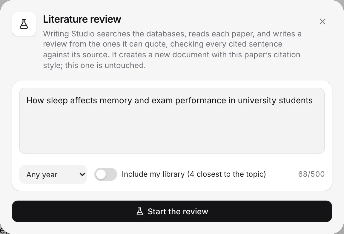 The Literature review window with a topic typed in and Start the review
