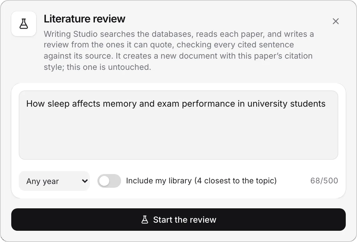 The Literature review window with a topic typed in, a year choice, Include my library and Start the review