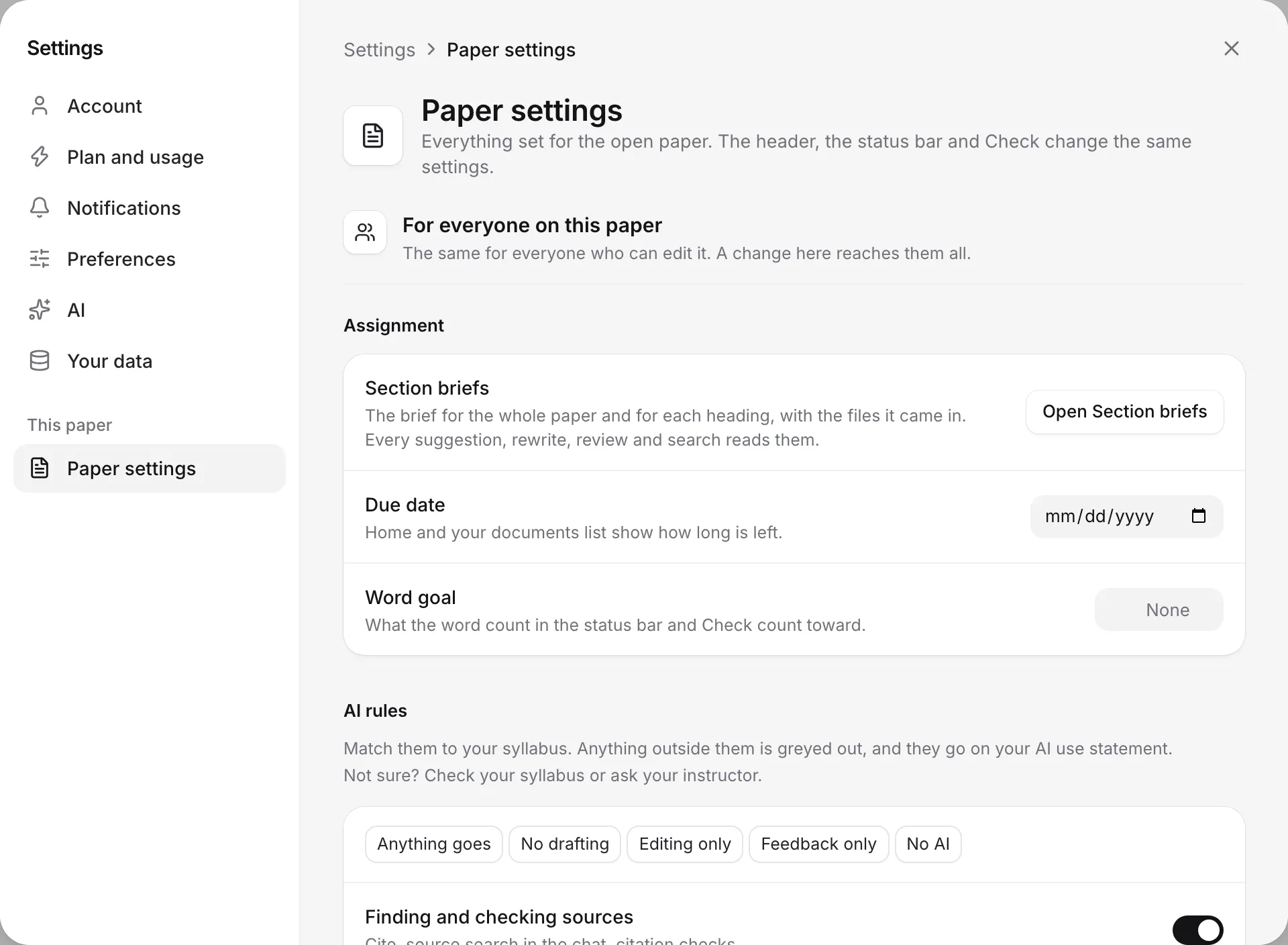 Paper settings with Assignment and AI rules for everyone on the paper