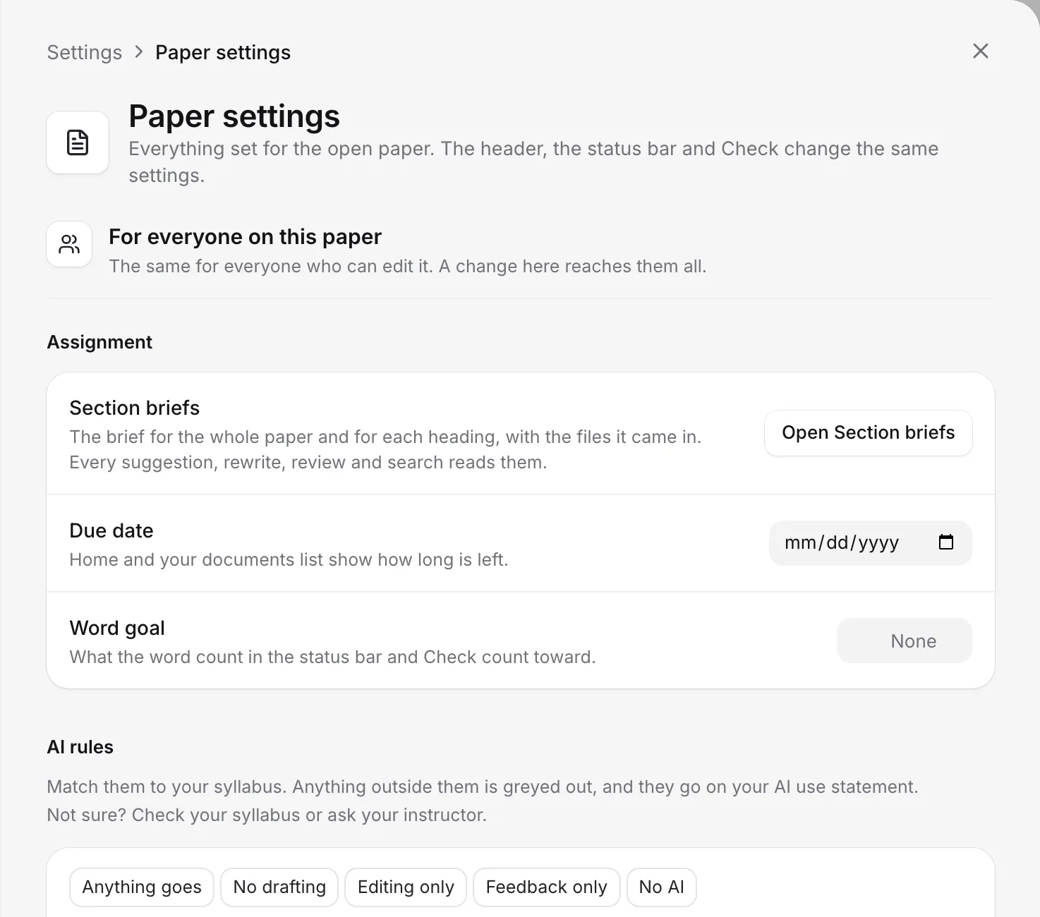 Paper settings, with the assignment settings and AI rules that are the same for everyone on the paper