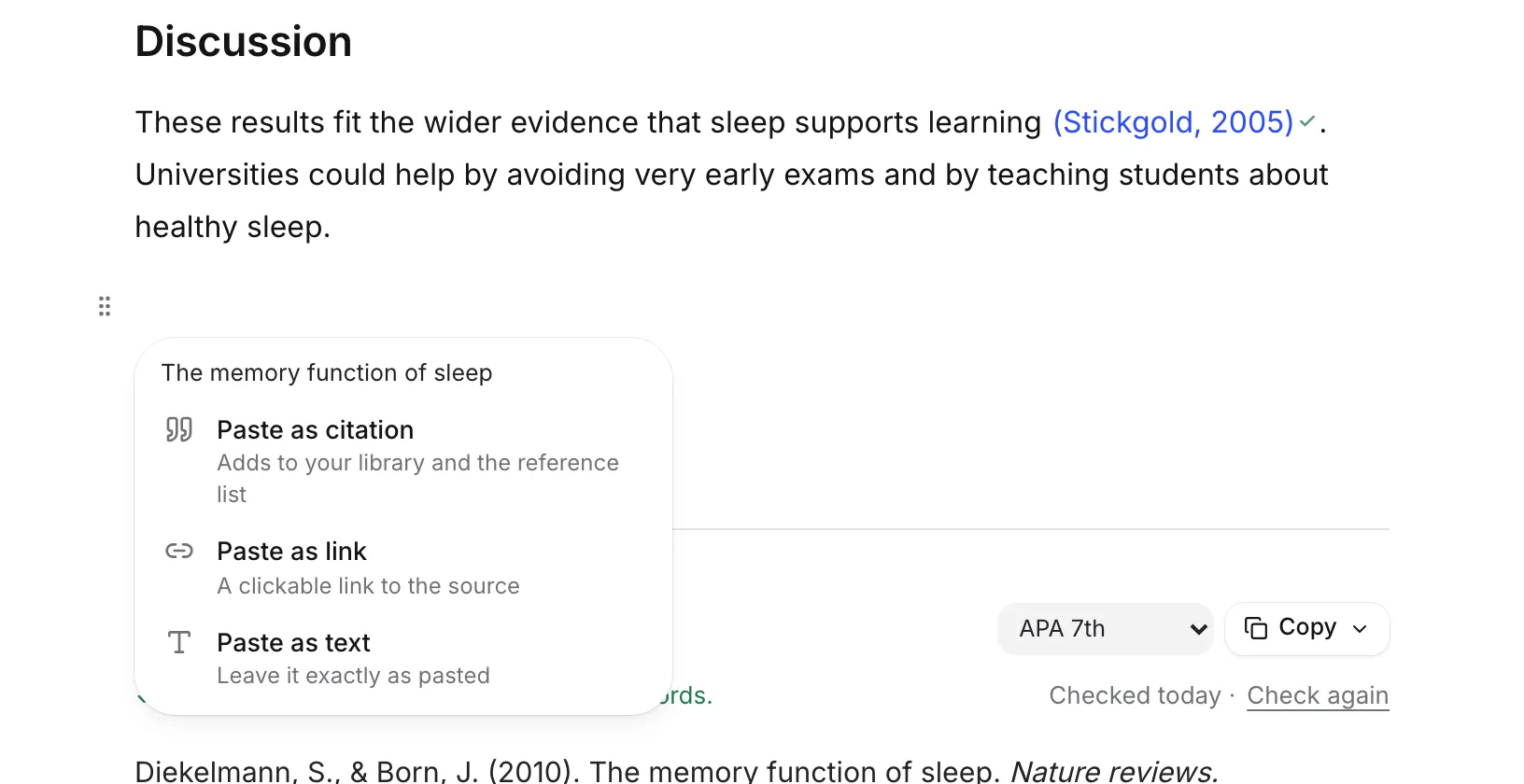 The menu that appears after pasting a DOI, with Paste as citation, link or text