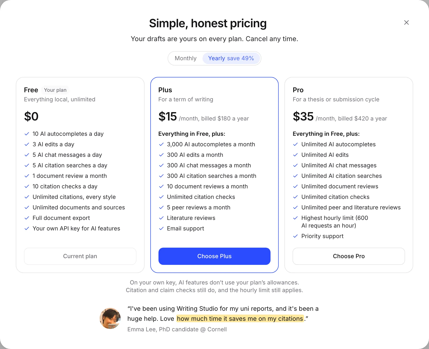 The pricing window with the Free, Plus and Pro plans, billed yearly