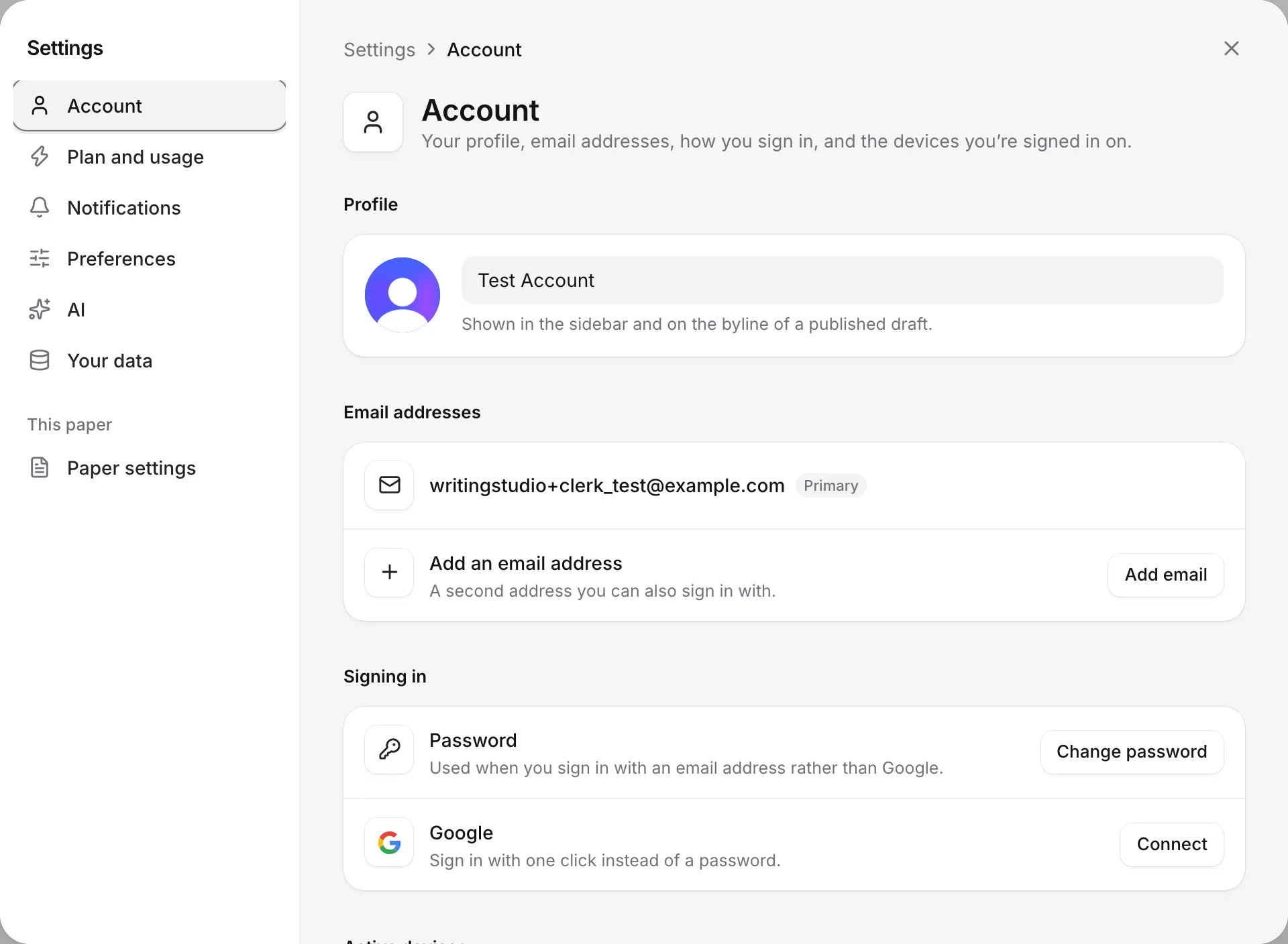 Settings, Account, with the profile, email addresses and sign-in options