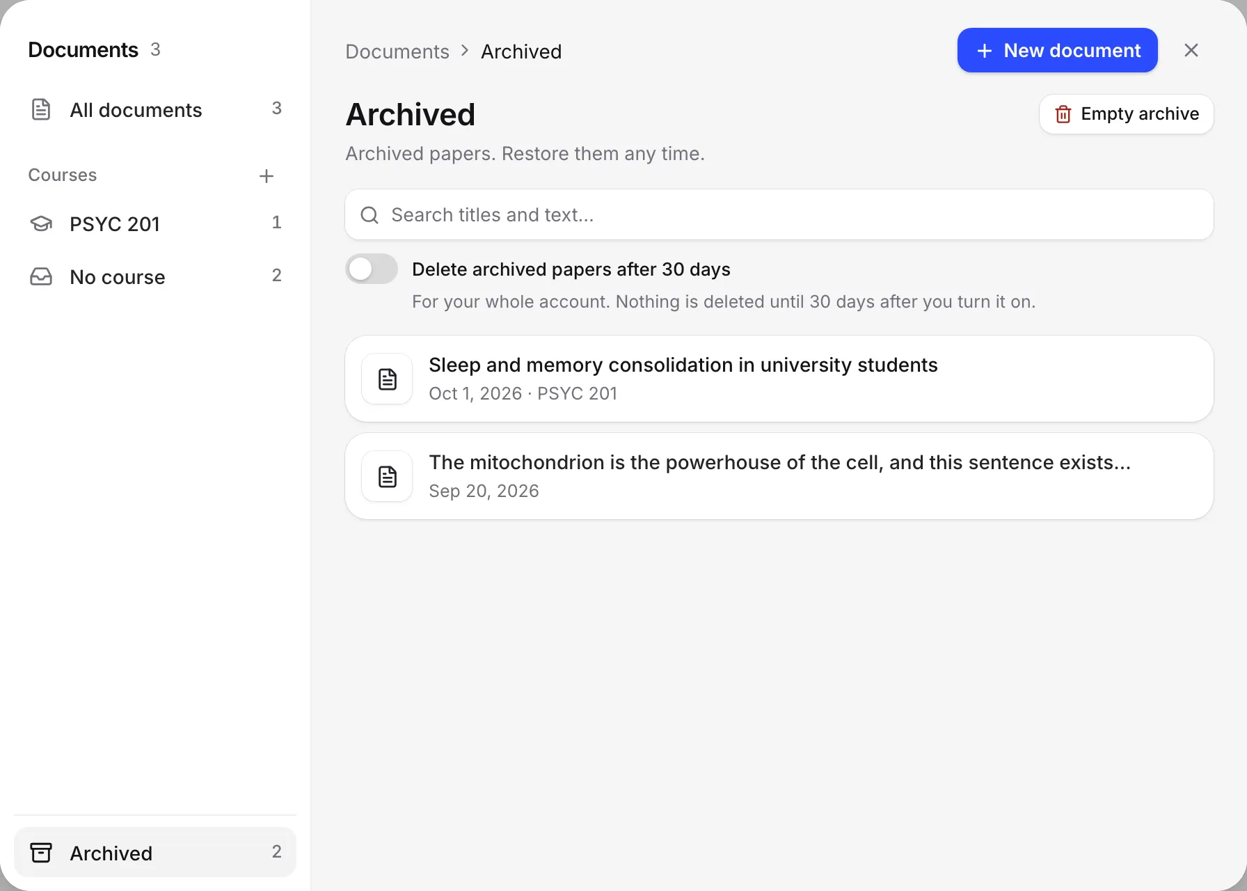 The Archived view of the Documents window