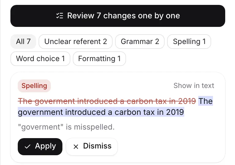 Proofread suggestions in the Review tab, with a card showing Apply and Dismiss