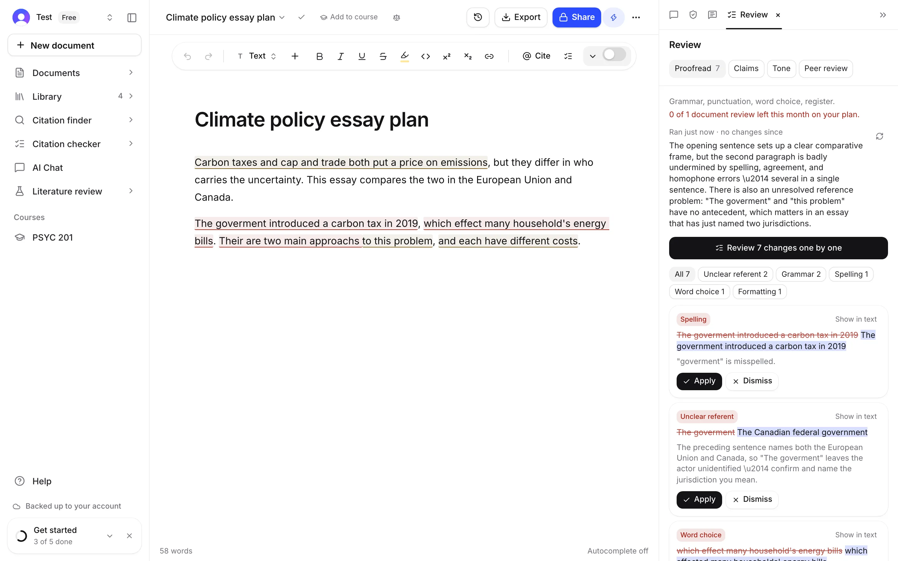 Proofread findings in the Review tab, with suggestions to apply or dismiss