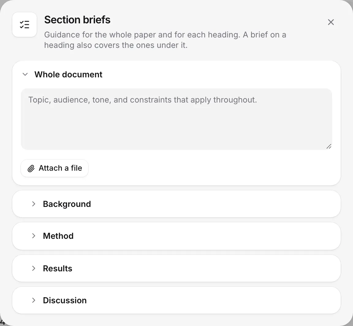 The Section briefs window with a brief for the whole document and a row for each heading