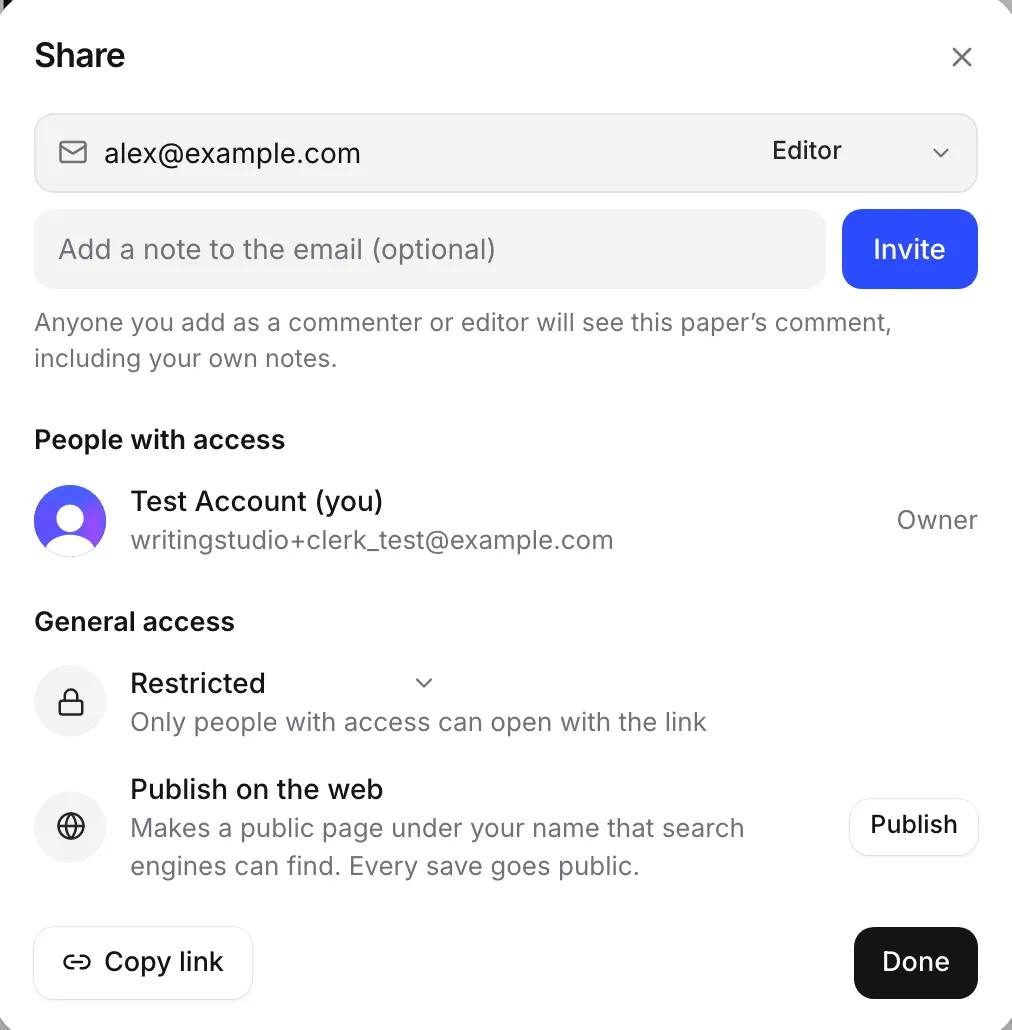 The Share window with an email address and the Editor role, people with access, general access and Publish on the web