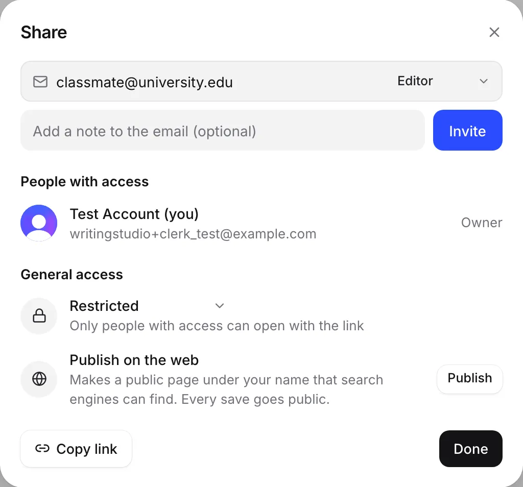 The Share window with an email address and the Editor role, people with access, general access and Publish on the web