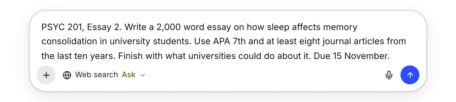 The home screen box with the sleep and memory assignment brief pasted in and web search set to Ask