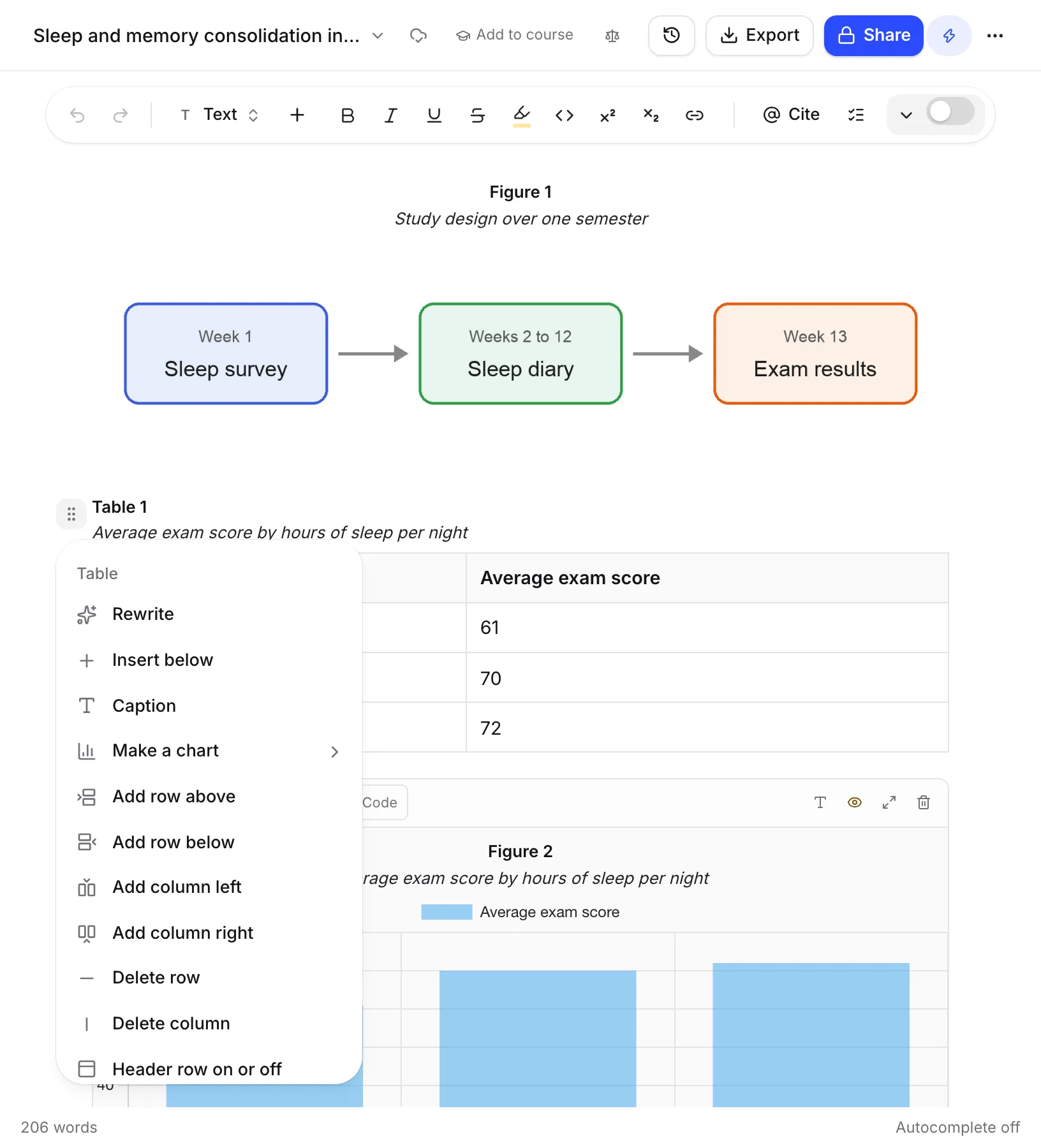 The block menu of a table with Caption, Make a chart and options for rows and columns