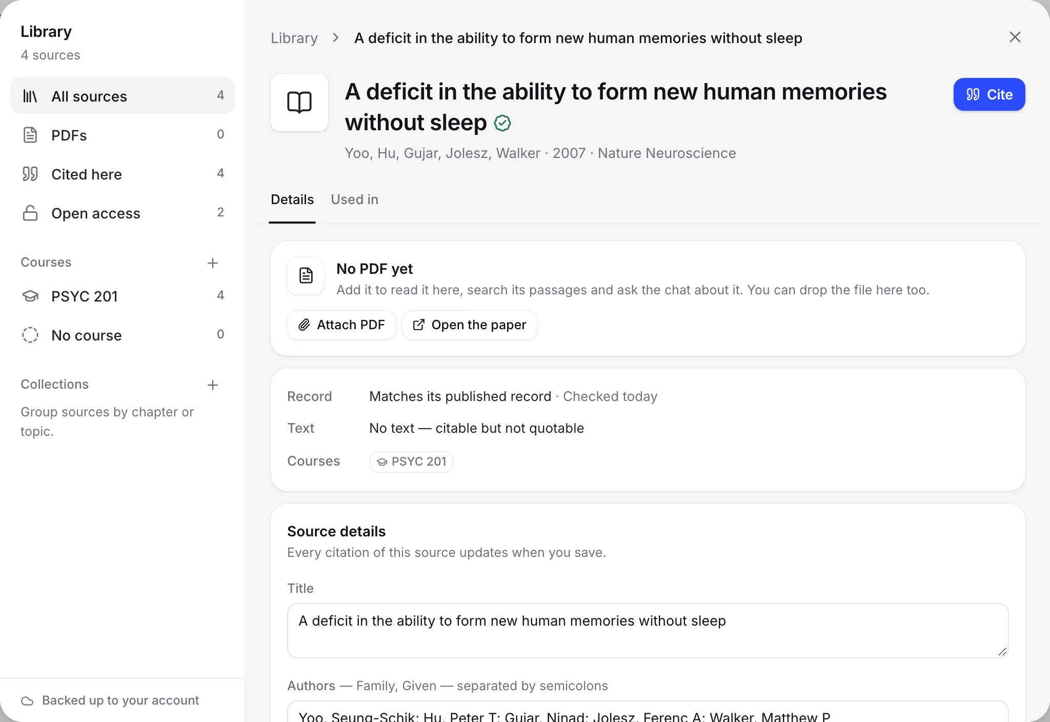 A source with No PDF yet and the Attach PDF button