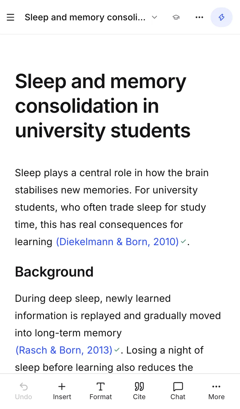 A paper on a phone, with the bottom bar: Undo, Insert, Format, Cite, Chat and More