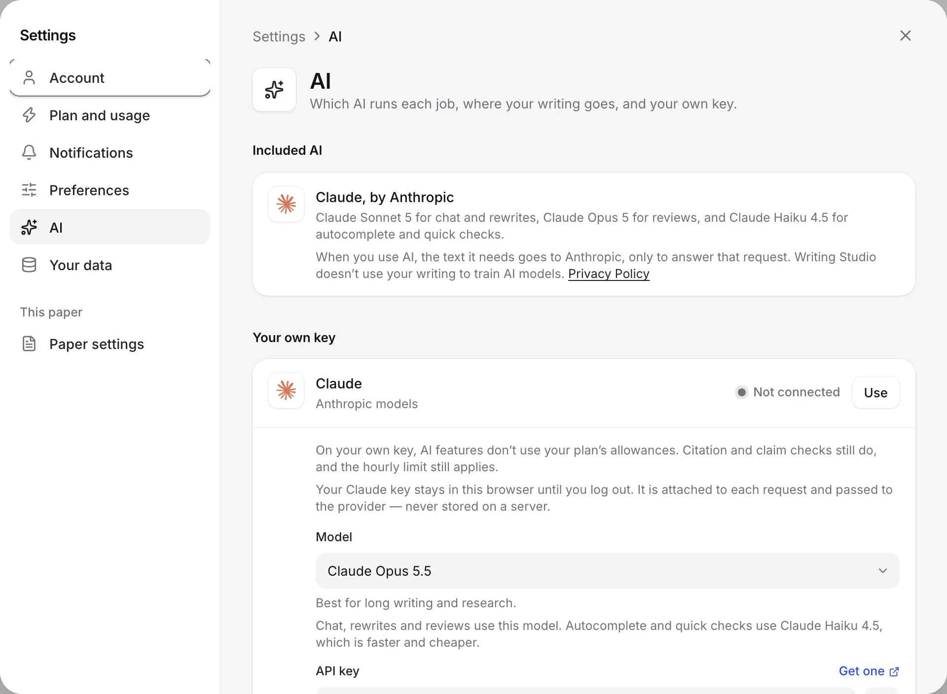 Settings, AI, with the included Claude AI and the form to add your own key