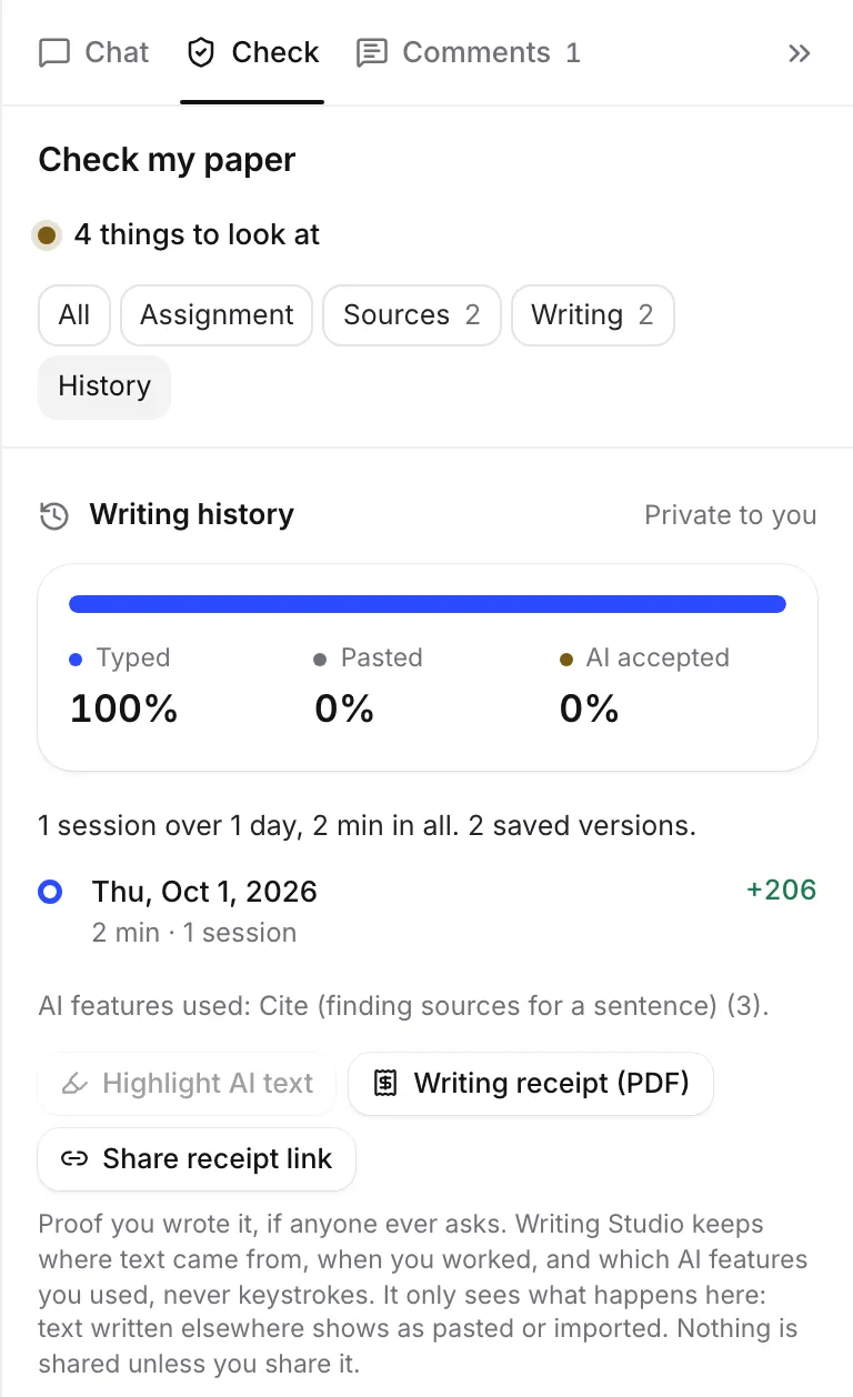 The writing history, with the share of typed, pasted and AI accepted text, a writing session and the AI features used