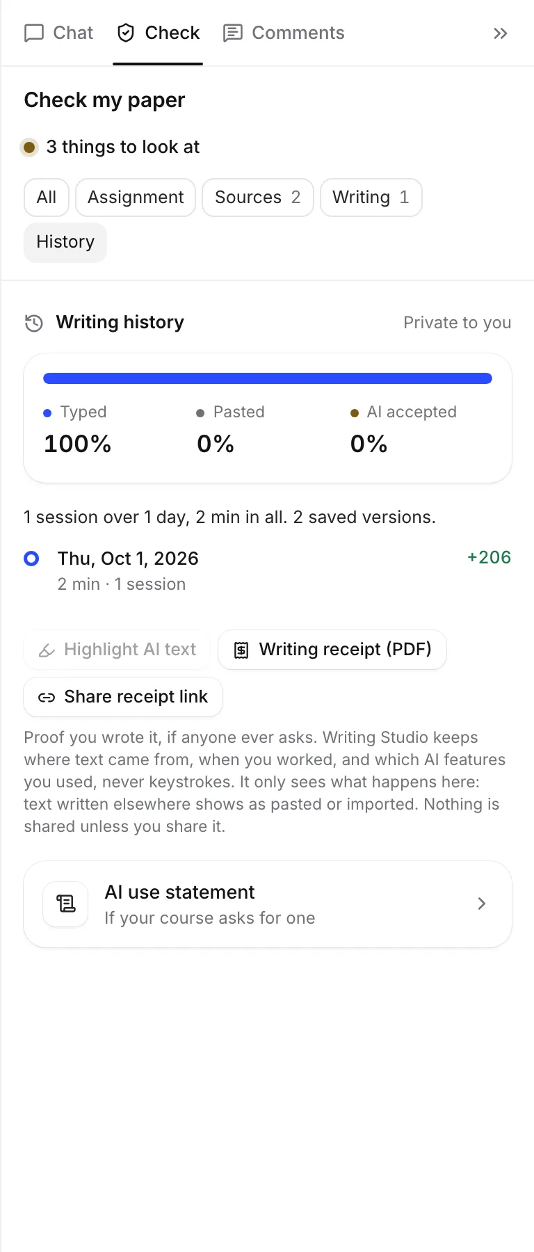 The History view of Check my paper with the writing history bar and the AI use statement section