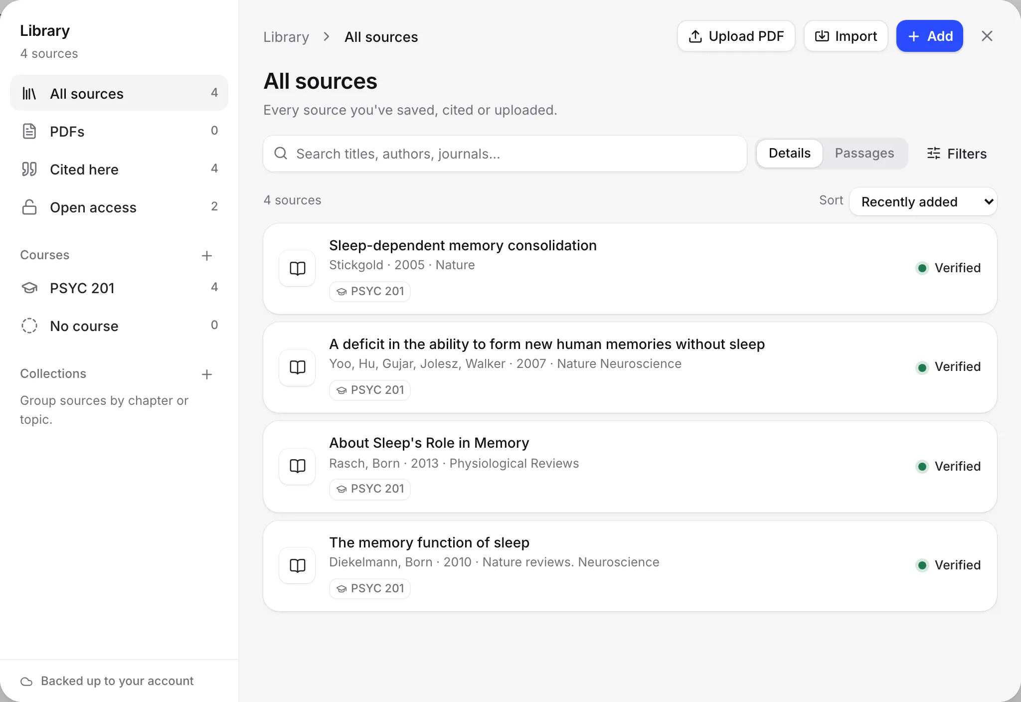 The Library with sources and the Upload PDF, Import and Add buttons